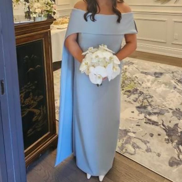 Frascara Pearl Blue Size 14 Off the Shoulder Jersey Gown - Picture 2 of 6